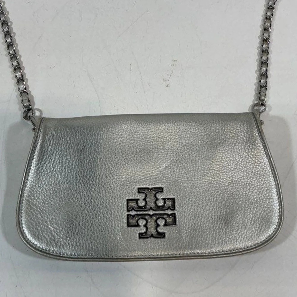 Women’s Tory Burch Metallic Silver Leather Flap Crossbody Bag